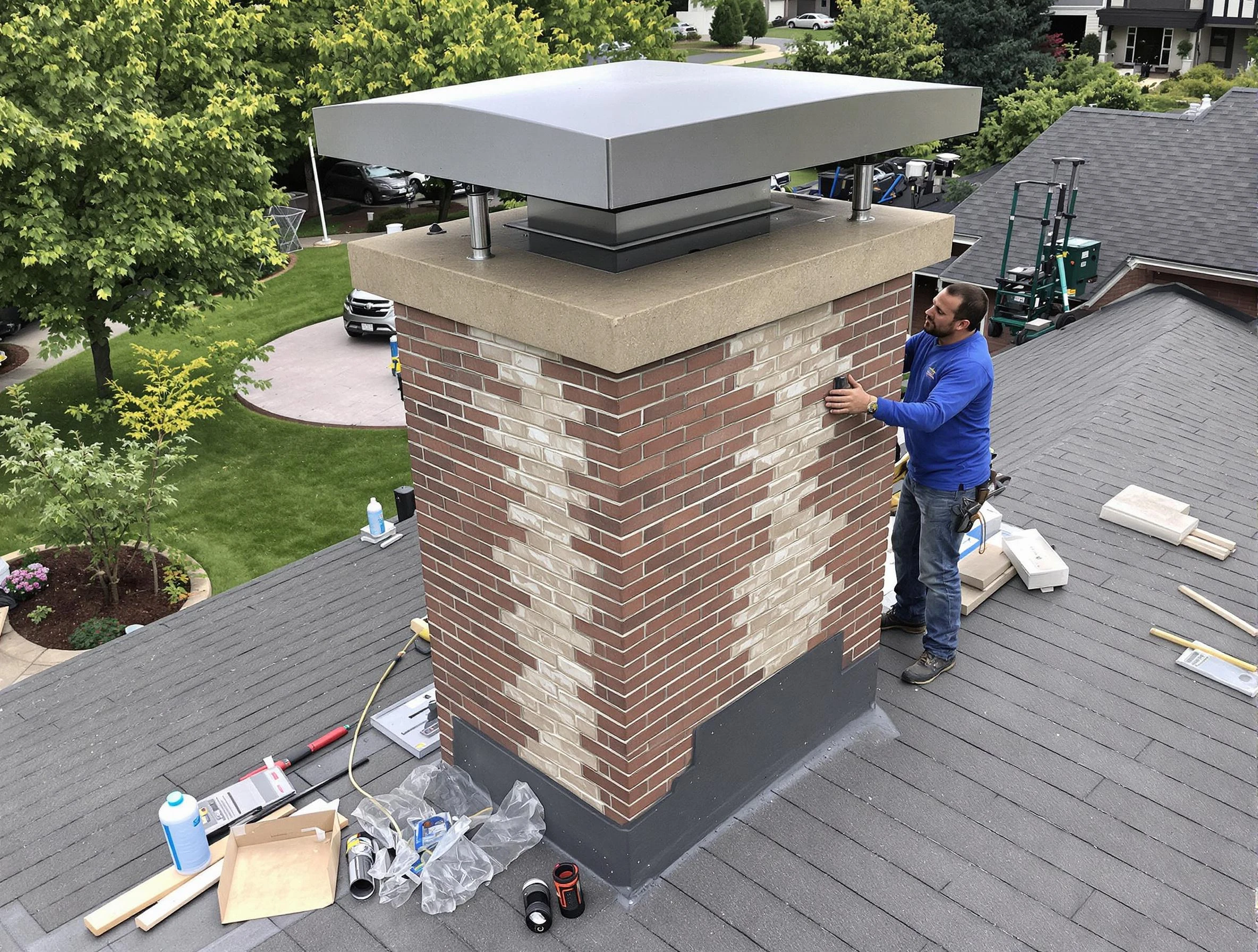 Blanchard Chimney Sweep team working on a custom chimney remodel in Blanchard, OK